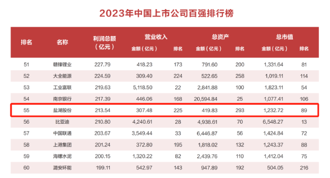 2023中国上市公司百强榜：盐湖股份升至55；藏格矿业火箭蹿升